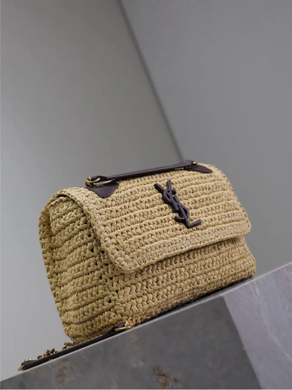 Saint Laurent Straw Crochet Shoulder Bag in Natural Beige with Dark Brown Trim